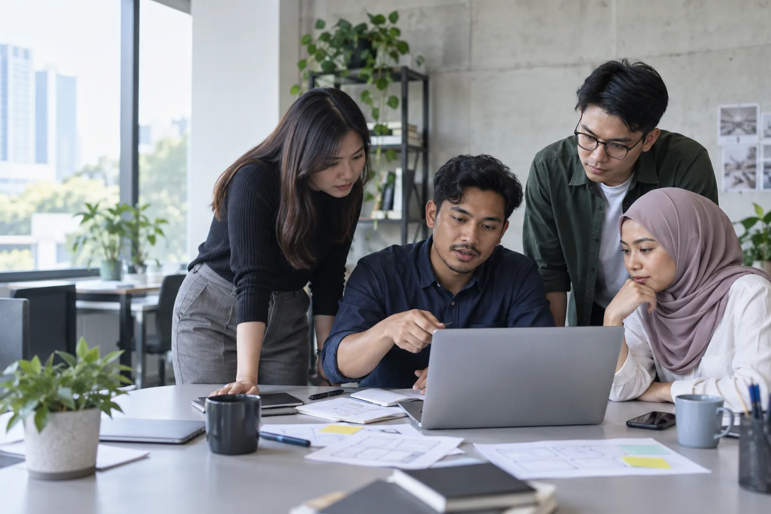 A diverse software team collaborating around a laptop and interface sketches